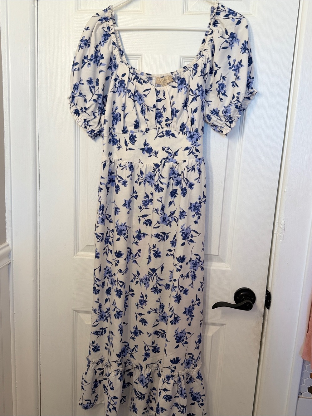 indulge White Maxi Dress with Blue Floral Print